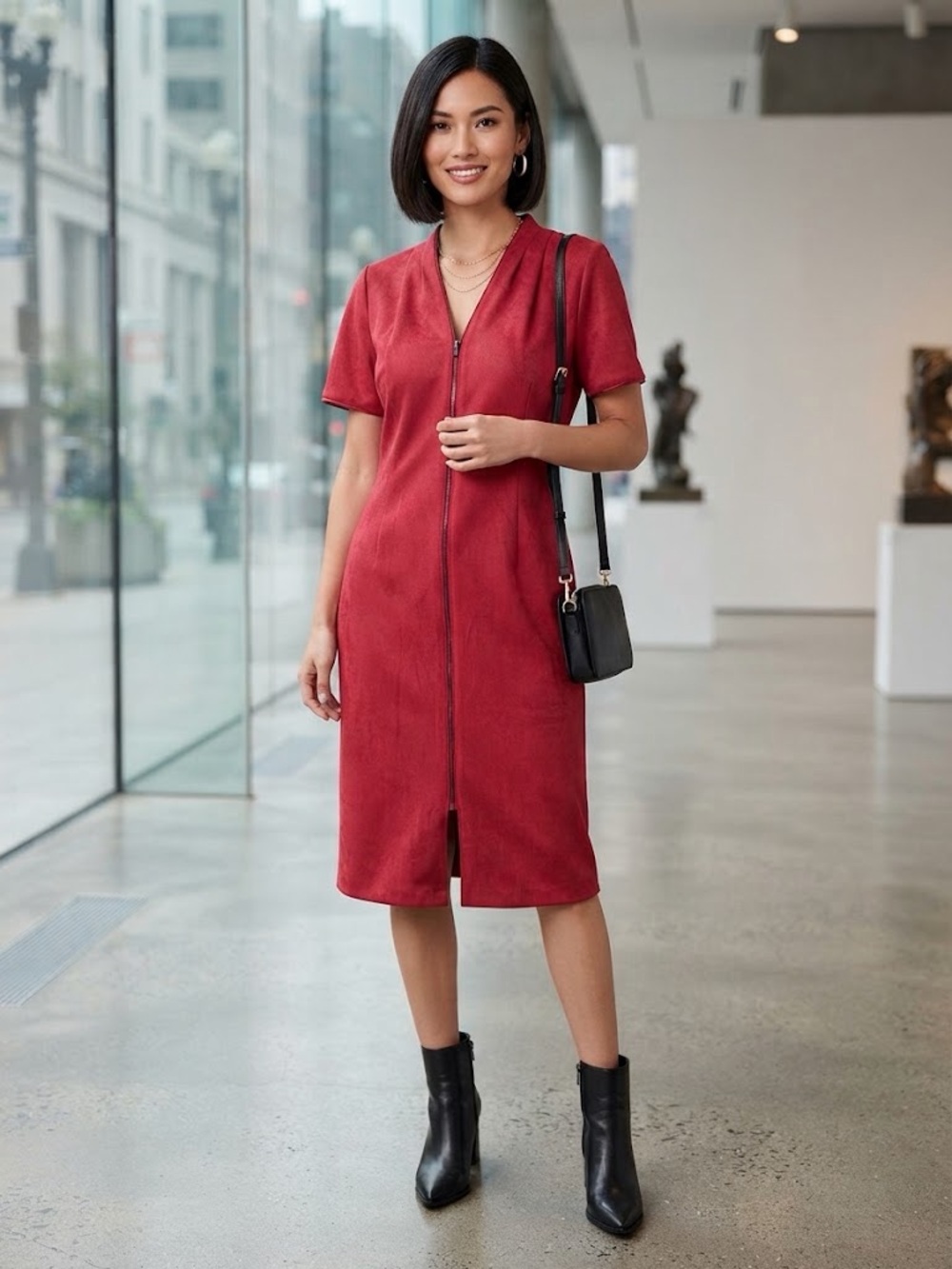 Tahari Madeline Dress Red Solid Sheath V-Neck Short Sleeve Zip Front Knee Length